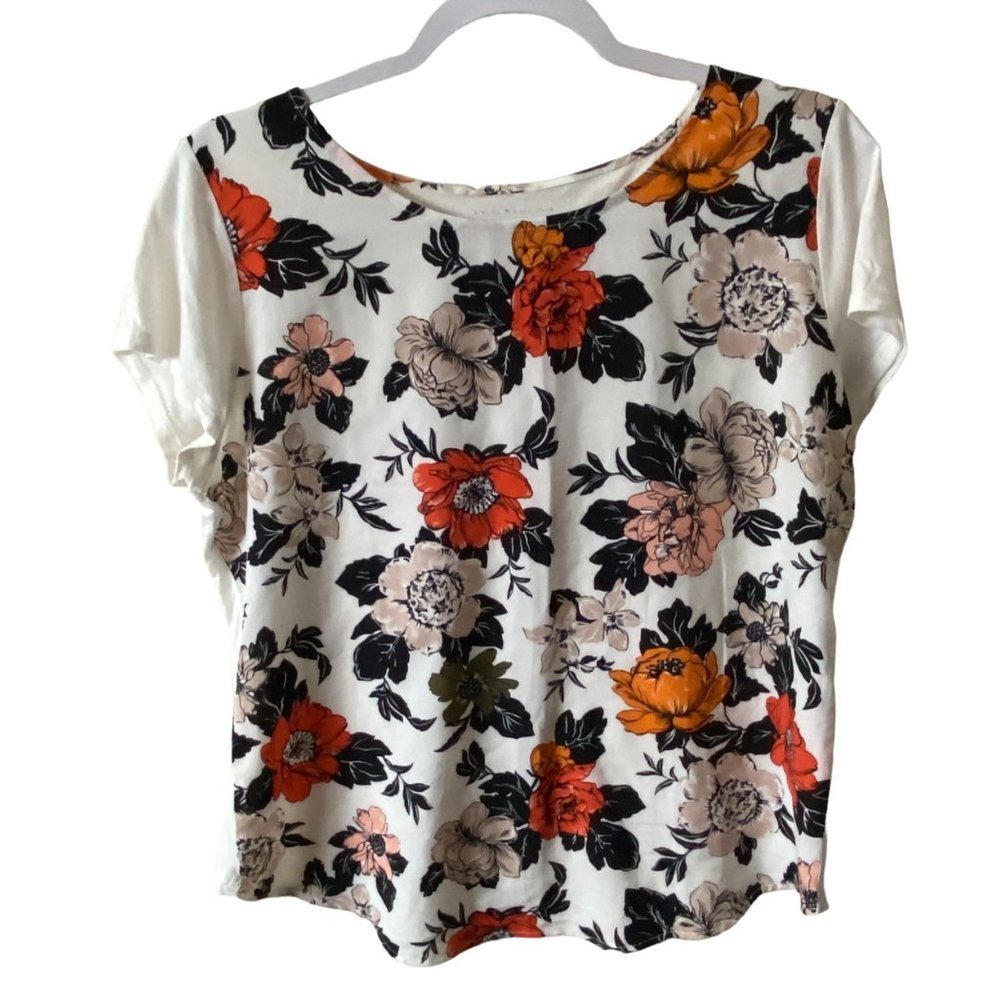 Ann Taylor Factory Women Floral Flower Scoop Neck Cap Sleeve Shirt Blouse Size M